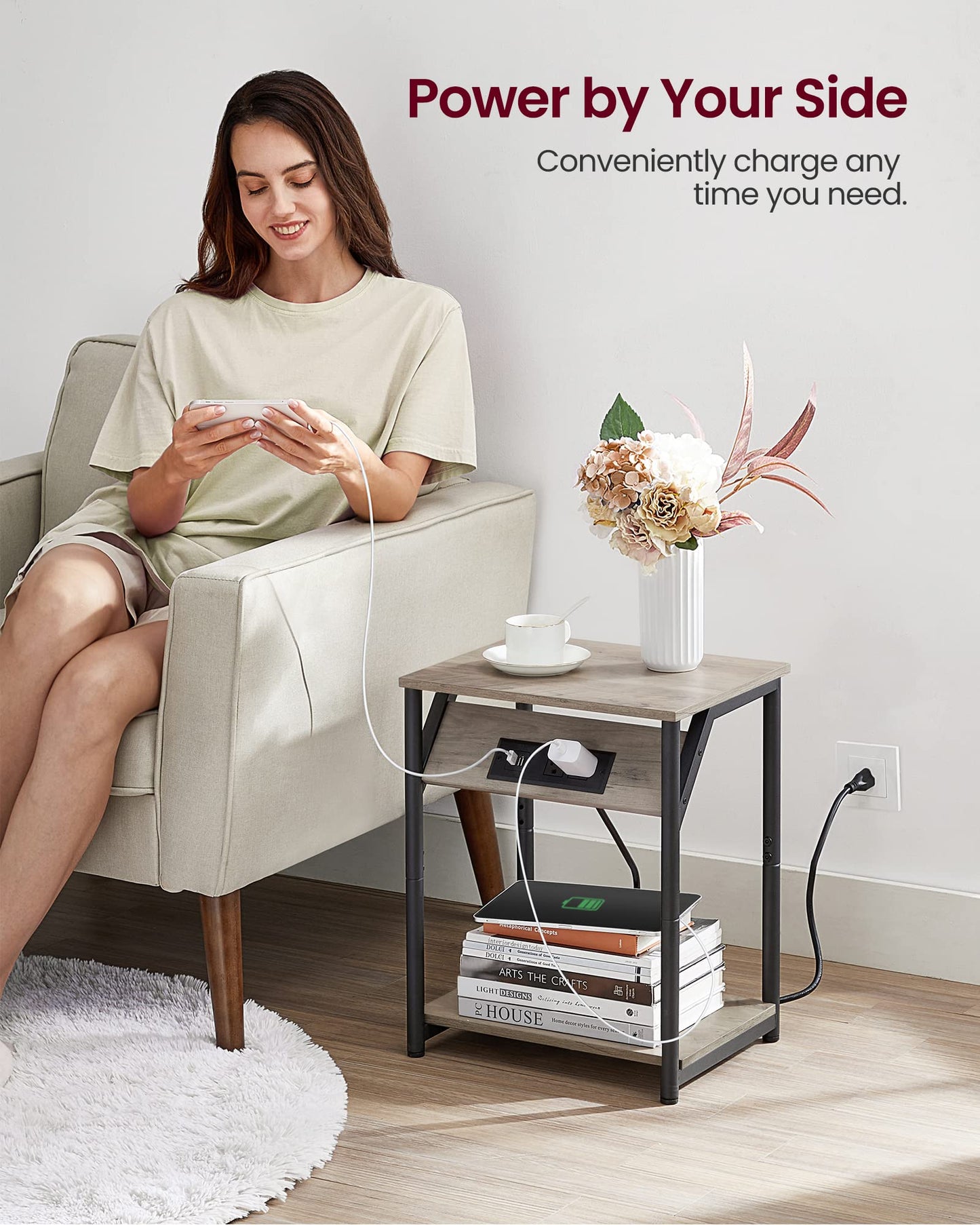 Set of 2 VASAGLE Side Tables with Charging Station