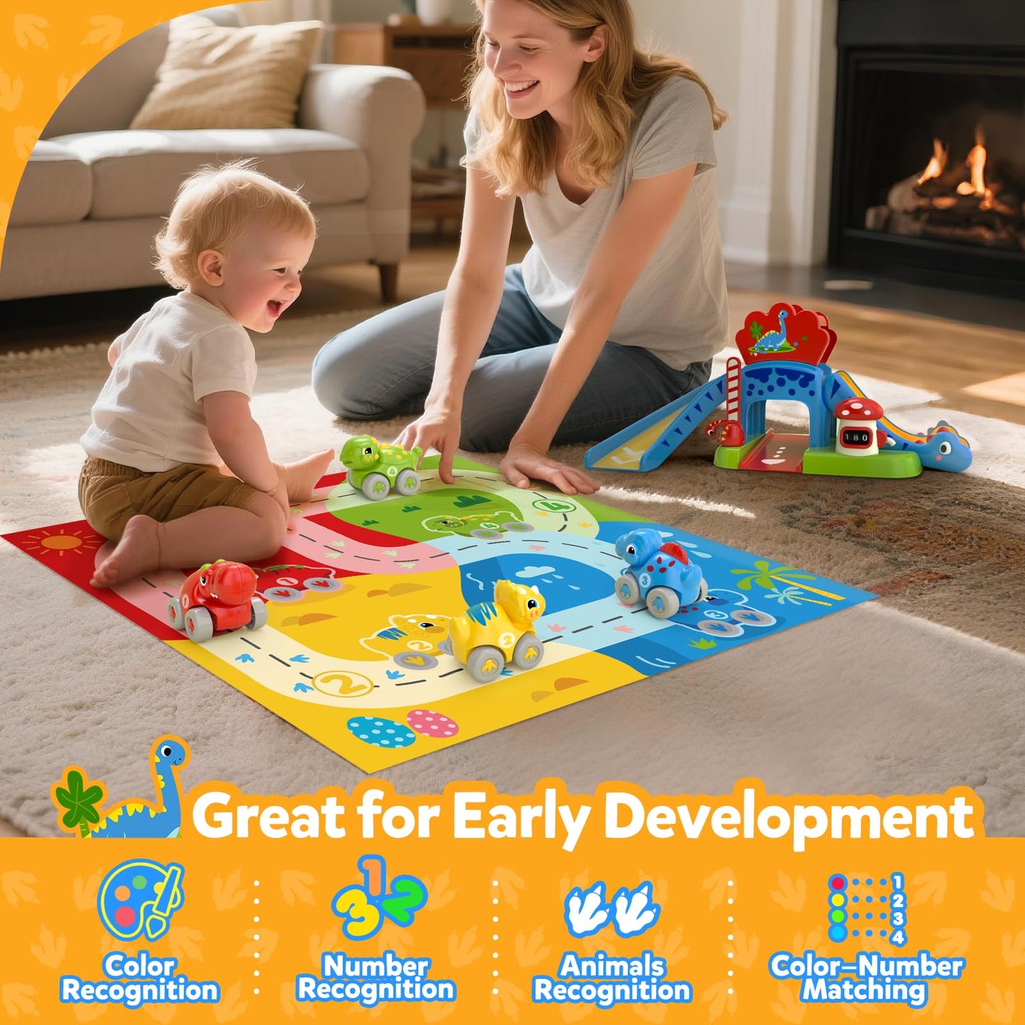 Toddler Toys for 1 Year Old Boy Gifts - Educational Dinosaur Slide Set with 4 Color/Number Push Cars and Playmat, Montessori Learning Toy for Baby 12-18 Months, 1st Birthday Present Ages 1-1.5, Red