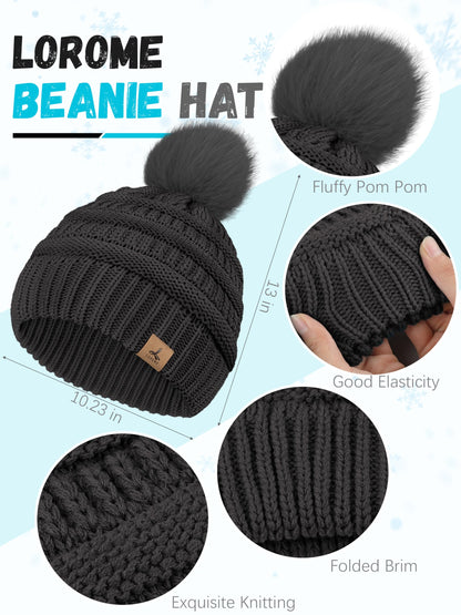 Winter Hat Scarf Gloves and Ear Warmer, Knit Warm Beanie Hat Touch Screen Gloves Long Knitted Plaid Scarf Set Gifts for Women Dark Gray