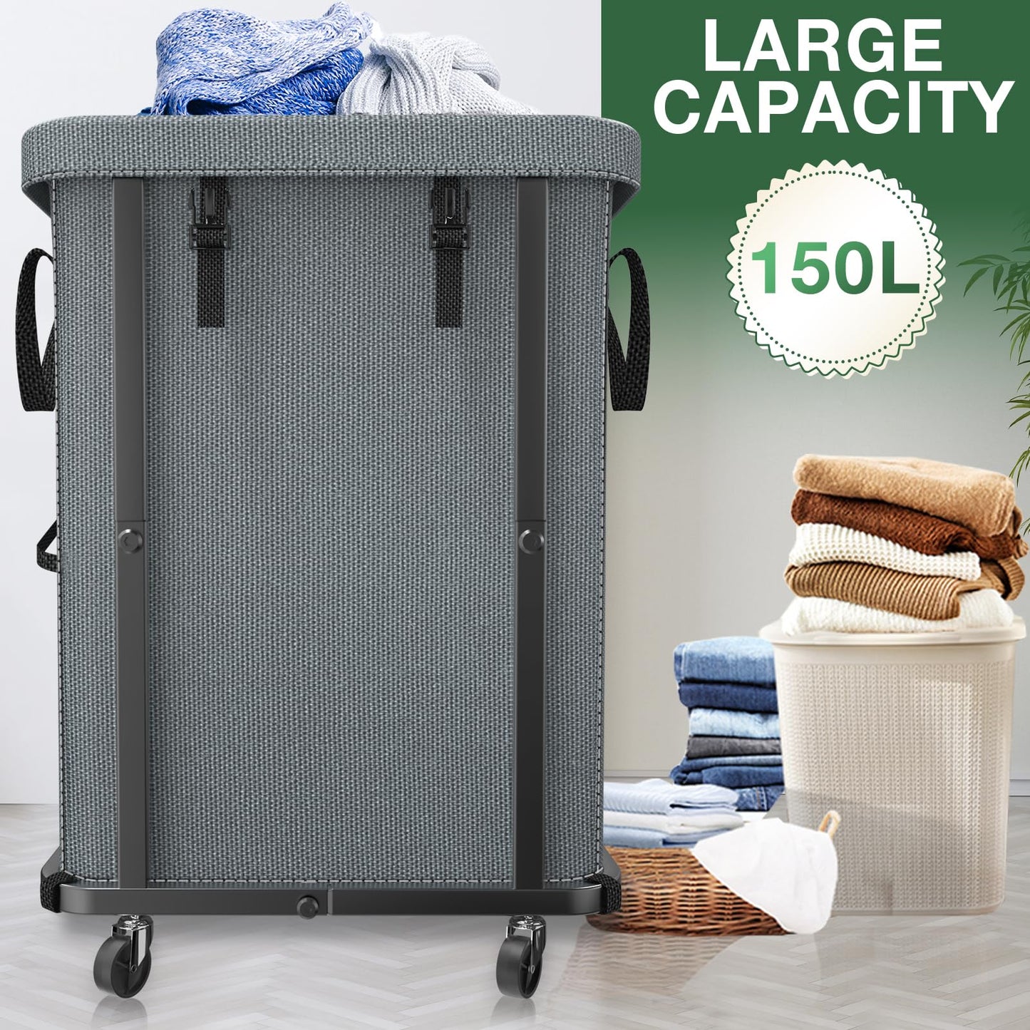 40L Rolling Laundry Basket with Metal Frame