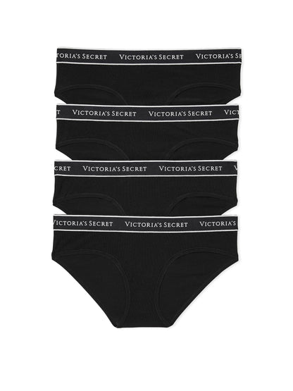 Victoria's Secret Cotton Hiphugger Panty Pack, Logo Banded Waistband, Underwear for Women, 4 Pack, Black (M)