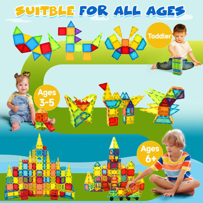 W WISE BLOCK Magnetic Tiles for Kids Ages 3-5 4-8, 131PCS Magnetic Blocks with 2 Cars, Learning Magnetic Building Blocks Sets, Educational Magnets Tiles Toys for Boys Kids Ages 3 4 5 6 7 8 9