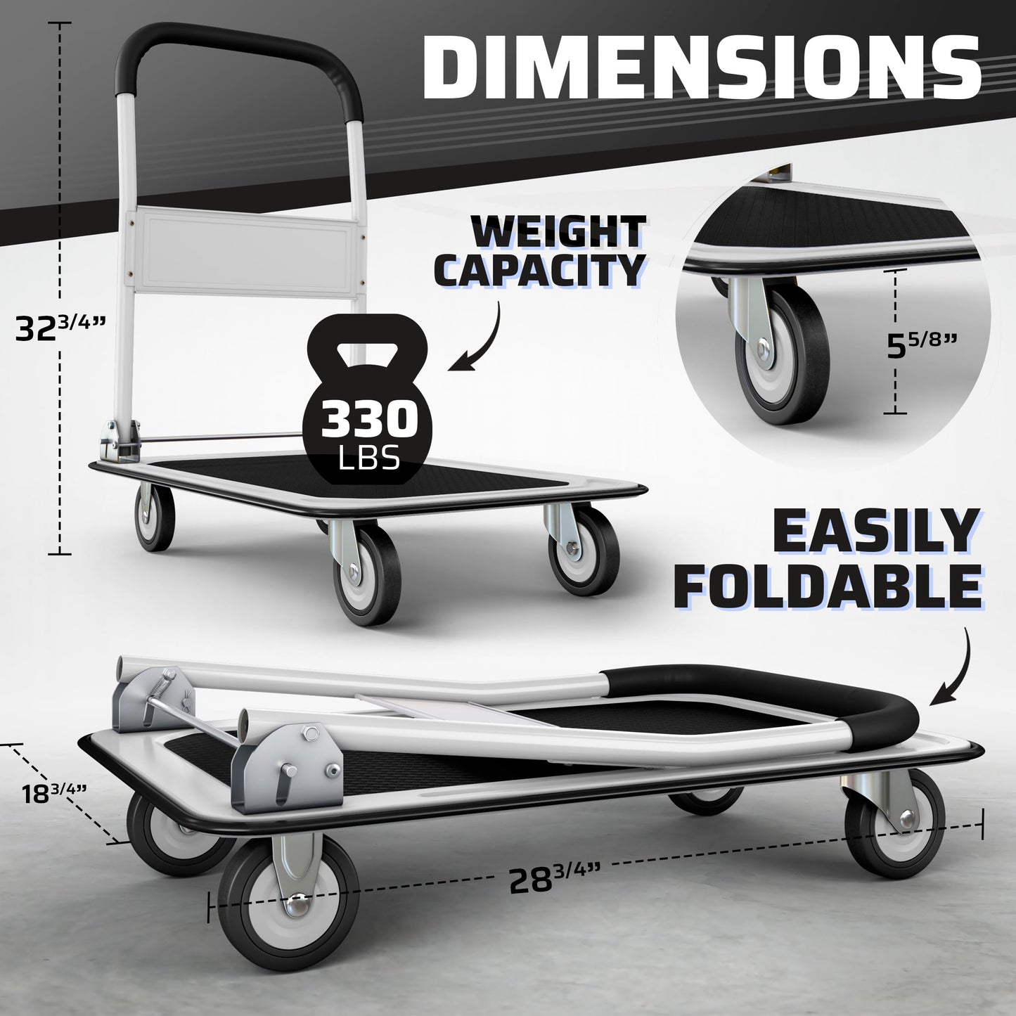 Upgraded Foldable Push Cart Dolly | 330 lbs. Capacity Moving Platform Hand Truck | Heavy Duty Space Saving Collapsible | Swivel Push Handle Flat Bed Wagon - White