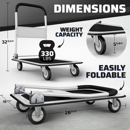 Upgraded Foldable Push Cart Dolly | 330 lbs. Capacity Moving Platform Hand Truck | Heavy Duty Space Saving Collapsible | Swivel Push Handle Flat Bed Wagon - White