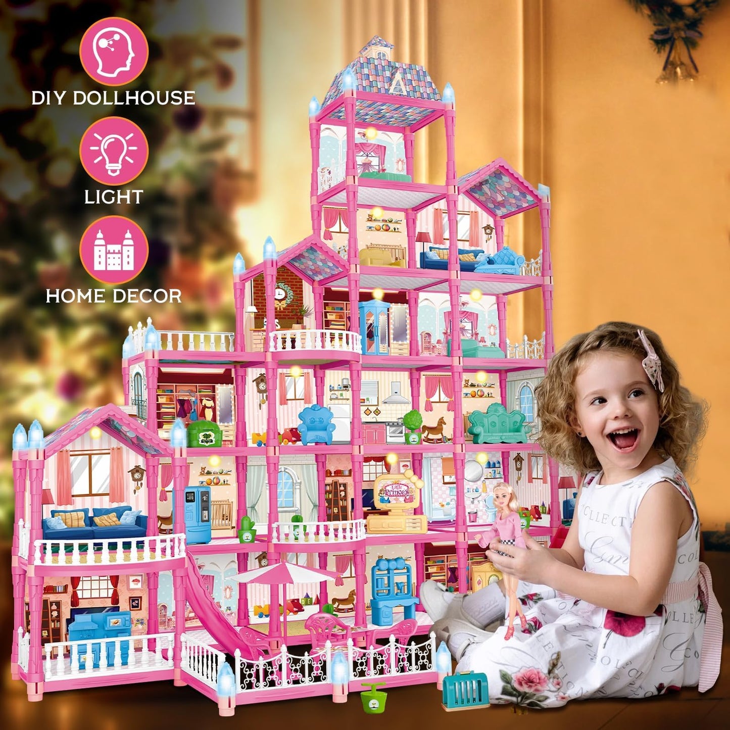 KLADNDER Doll House For Girls, 6-Story 23 Rooms Huge Doll House, Plays House Toys Accessories And Furniture, Outdoor Girls Play Set, Princess Doll House 2024 Christmas Toy, Easy Assembly Ideal For Kid