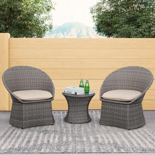Lviden 3 Pieces Patio Furniture Set, Outdoor Wicker Bistro Set, Grey Rattan Conversation Chairs Set for Porch, with Khaki Cushions and Glass Top Table