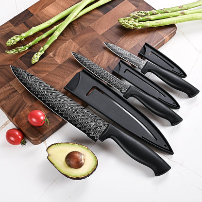 Gourmetop Chef Knife Set with Cover, Black Kitchen Knife Set for Cooking 3 Pcs, Stainless Steel Small Kitchen Knives Set with Sheath, 8'' Chef Knife, 5'' Utility, 3.5'' Paring, Sharp Cutting Knives