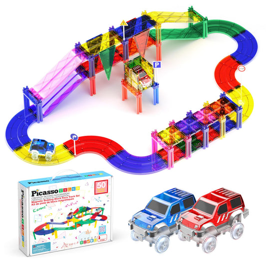 PicassoTiles 50 Piece Race Car Track Building Block Educational Toy Set Magnetic Tiles Magnet DIY Playset 2 Light Up STEM Learning Construction Kit Hand-Eye Coordination Fine Motor Skill Training