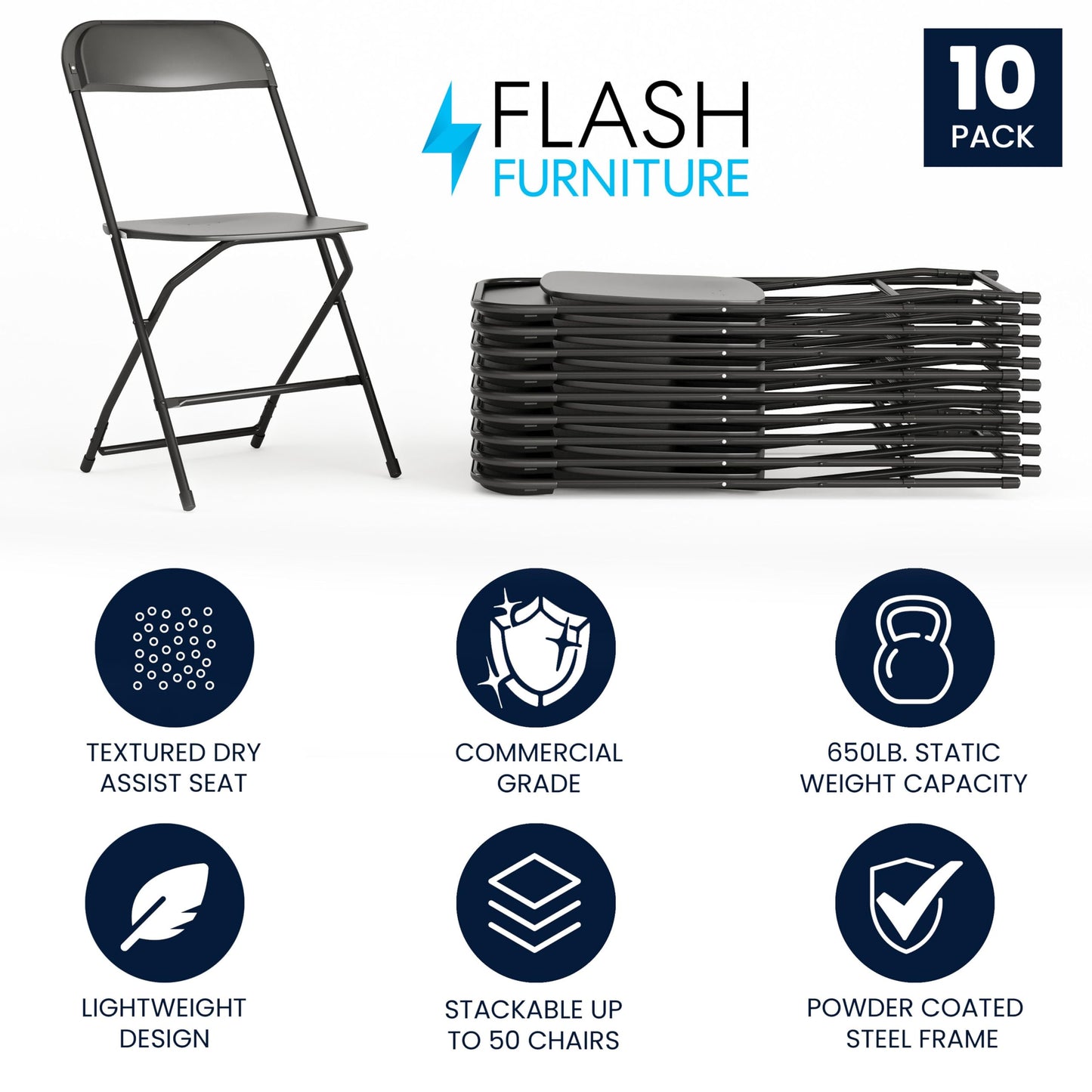 10 Pack Flash Furniture Heavy-Duty Folding Chairs