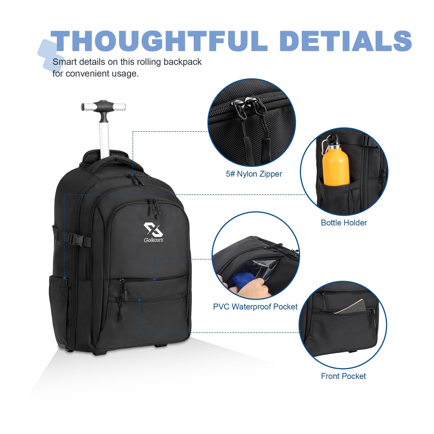 Rolling Backpack with Wheels - Water-Resistant Luggage