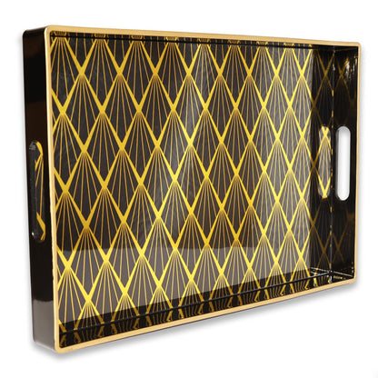 Spsyrine Black and Gold Decorative Tray for Living Room, 15.6” X 10.2" Modern Plastic Coffee Serving Table Tray for Ottoman Bathroom Kitchen (Rectangle)