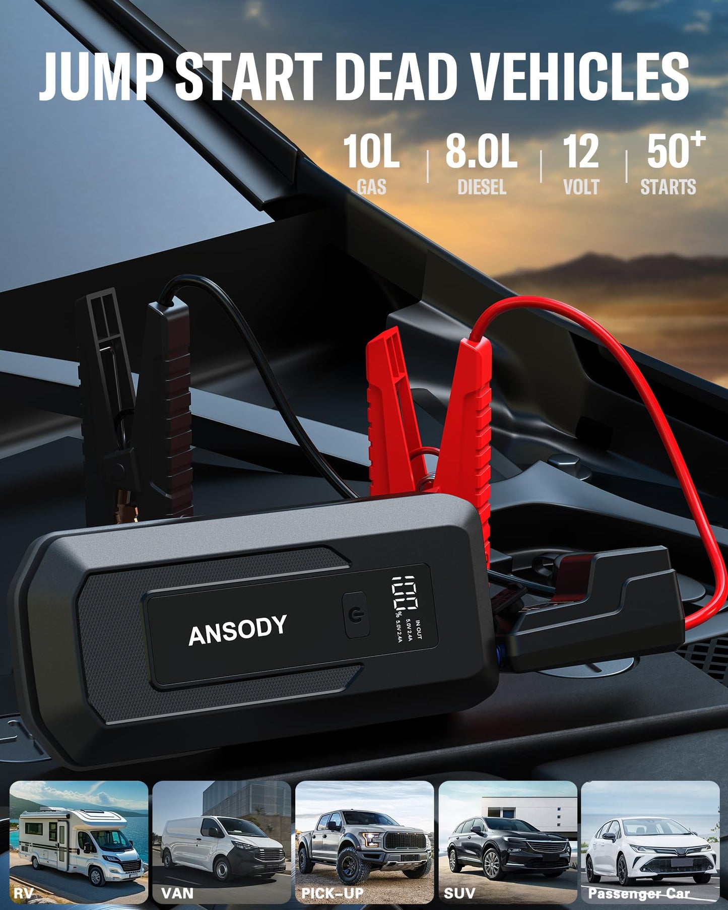 Ansody S7 Car Battery Jump Starter(Up to 10L Gas or 8L Diesel Engine), 3000A Jump Starter Battery Pack with Jump Leads, LED Flashlight, Jump Box for 12V Vehicles Pickup SUV Motorcycle