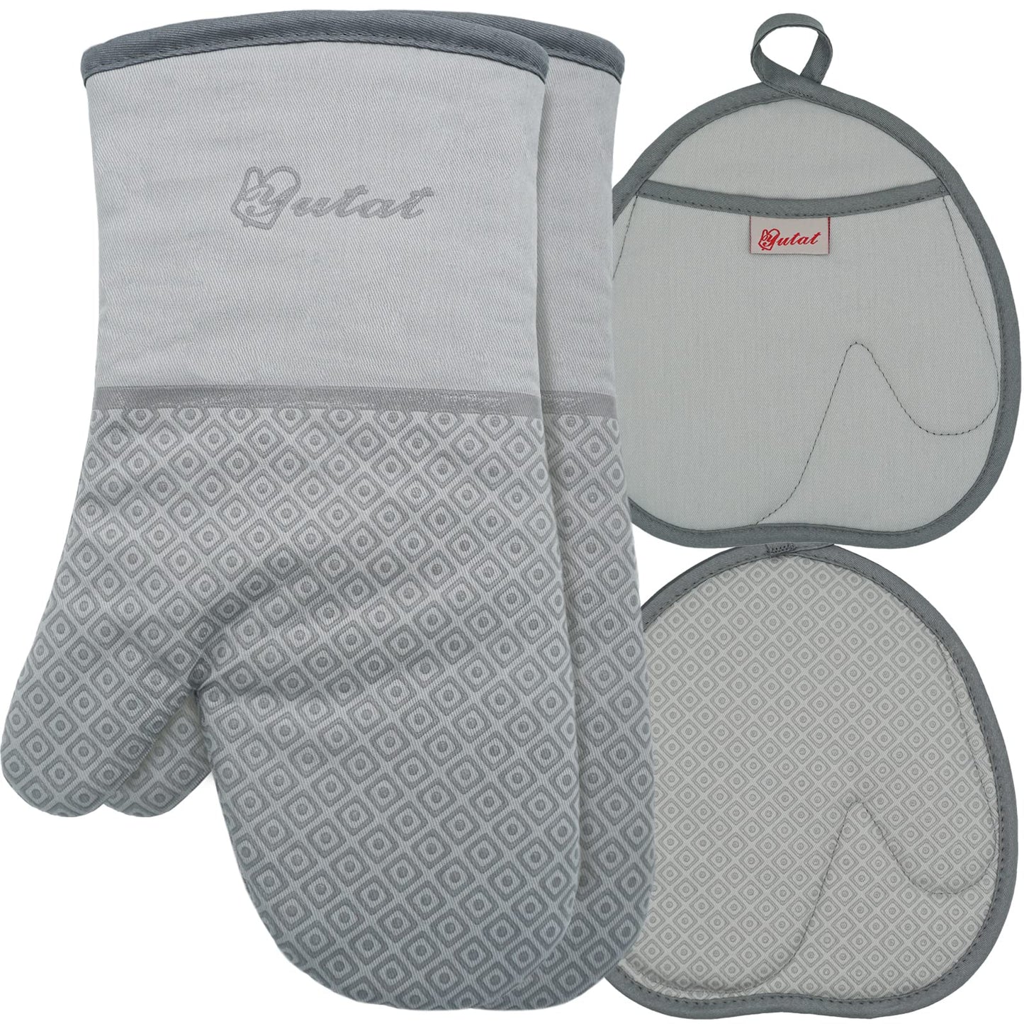 Yutat Silicone Oven Mitts - Oven Mitts and Pot Holders Sets made of Non-Slip Silicone & BPA-Free Silicone, High Heat Resistant 500 Degrees, Perfect for Kitchen Cooking Baking BBQ, 4Pcs Set, Light Grey