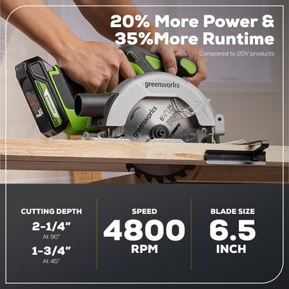 Greenworks 24V Brushless Cordless 1/2" 310 in/lbs.Drill/Driver and 6-1/2" Circular Saw Combo (18+1 Position Clutch/LED Light) (4,800 RPM/Cutting Depth 45°/90°), 2×2Ah Battery and 2Ah Fast Charger