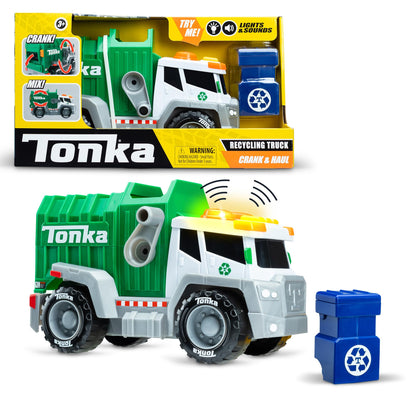 Tonka, Crank and Haul Garbage Truck- Made with Sturdy Plastic, White and Green Kid Powered Toy Construction Truck, Ages 3+ Boys and Girls, Kids, Toddlers, Christmas Birthday Gifts
