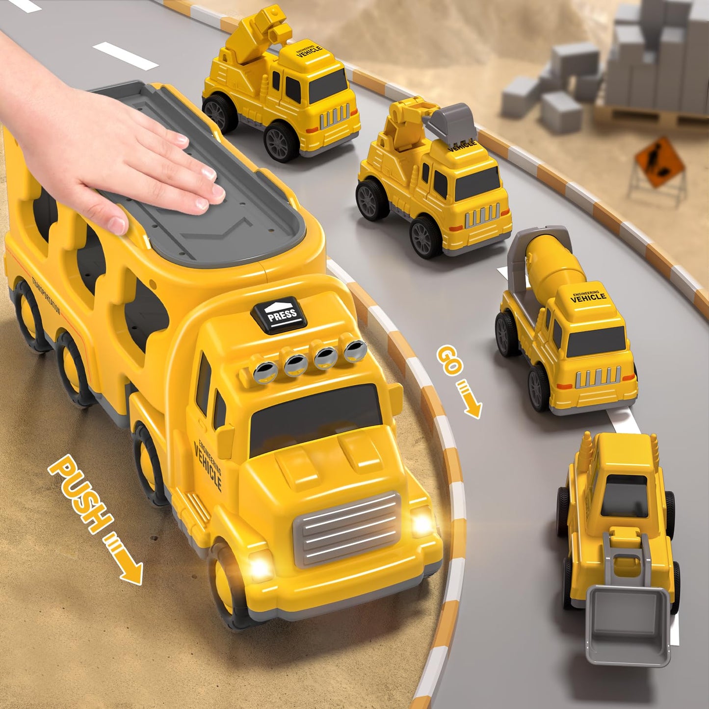 GoAnnieGo Construction Truck Toys Cars for Toddlers 3-5 - 5-in-1 Friction Power Vehicle Toy 3 4 5 6 Year Old Boys, Cranes Bulldozers Transport Trucks, Christmas Birthday Gift for Age 3-9 Boys & Girls