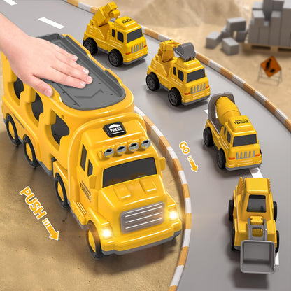 GoAnnieGo Construction Truck Toys Cars for Toddlers 3-5 - 5-in-1 Friction Power Vehicle Toy 3 4 5 6 Year Old Boys, Cranes Bulldozers Transport Trucks, Christmas Birthday Gift for Age 3-9 Boys & Girls