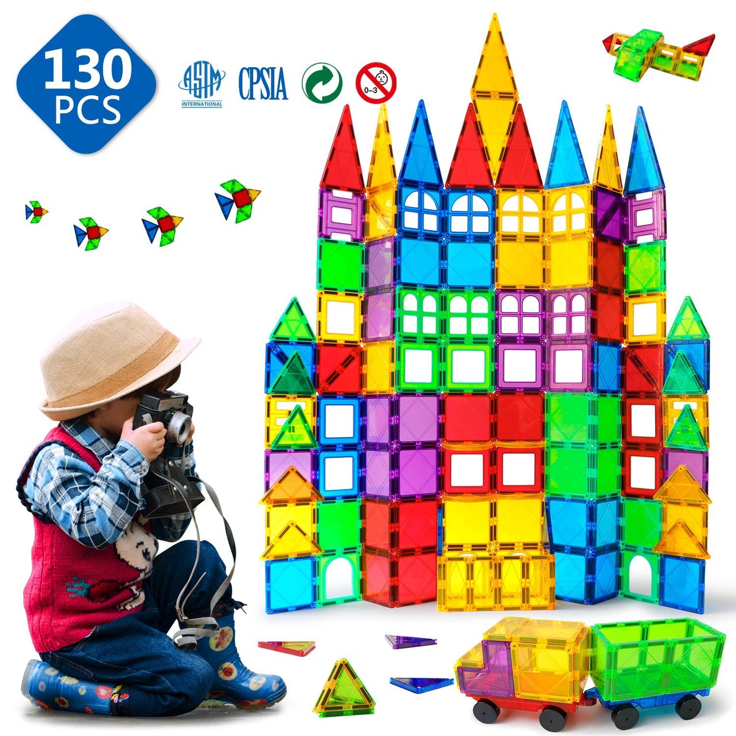 MAGBLOCK Magnet Building Tiles 130 Pcs 3D Toys Magnets Magnetic Blocks Set Preschool Toys Gifts