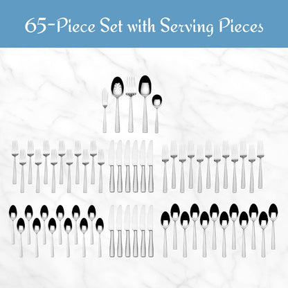 Mikasa Oliver Gleam Silverware, 18/10 Stainless Steel Cutlery 12, Inlcludes 5 Serving Untensils, 65 Piece Set, Silver