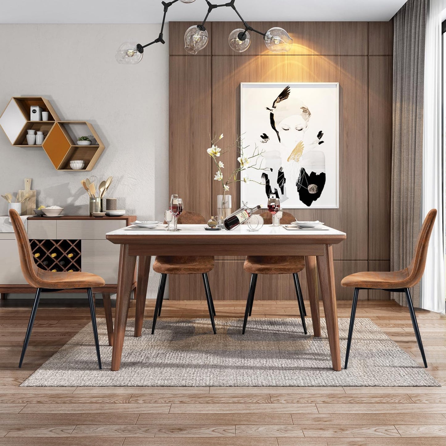FurnitureR Dining Chairs Set of 4, Comfy Fabric Suede Side Seating Kitchen Chairs Easy Assembly for Living Room Bedroom Guest Room, Brown