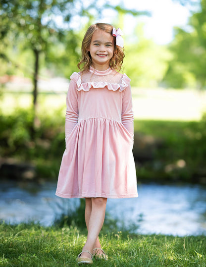 Arshiner Toddler Girls Velvet Dress Contrast Mesh Ruffle Trim Long Sleeve Zipper Birthday Dresses with Pockets Dusty Pink 3T