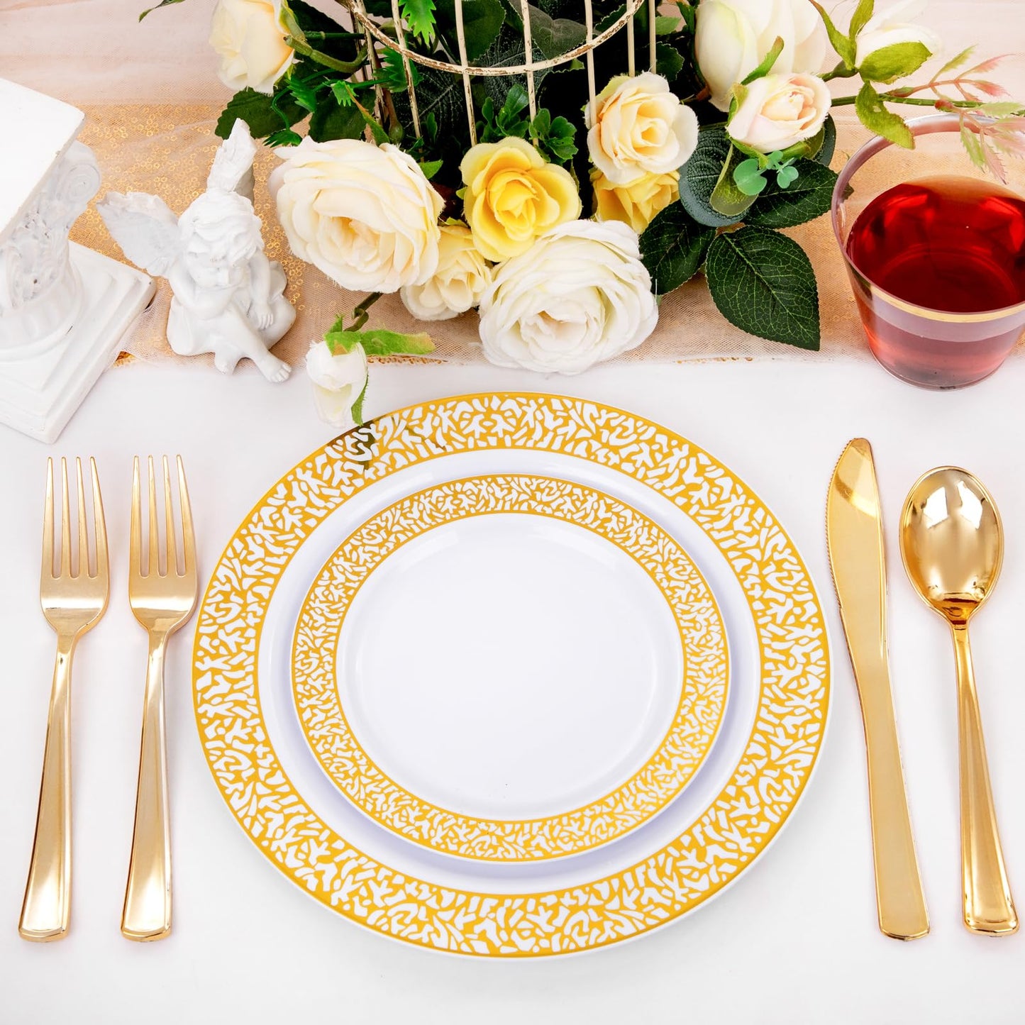 GATHER 300Pcs Gold Plates-Gold Plastic Dinnerware for 50 Guests-Disposable Lace Plates for Party Include: 100 Gold Plastic Plates Disposable, 50 Gold Silverware, 50 Cup for Mother's Day