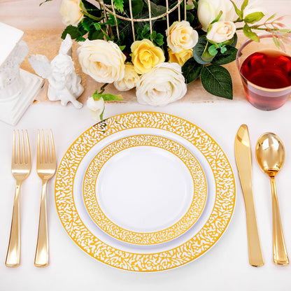 GATHER 300Pcs Gold Plates-Gold Plastic Dinnerware for 50 Guests-Disposable Lace Plates for Party Include: 100 Gold Plastic Plates Disposable, 50 Gold Silverware, 50 Cup for Mother's Day