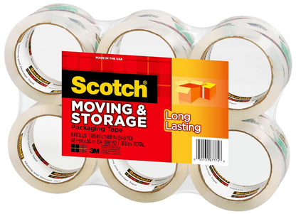 Scotch Long Lasting Storage Packaging Tape, 1.88" x 54.6 yd, Designed for Storage and Packing, Stays Sealed in Weather Extremes, 3" Core, Clear, 6 Rolls (3650-6)