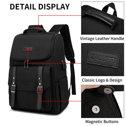 zalupri Work Laptop Backpack for Women and Men, 15.6 inch Computer Travel Backpacks for Working Stylish Teacher Backpack Casual Daypack laptop Bag with USB Charging Port, Black