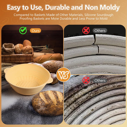 Gardon Sourdough Starter Kit Bread Baking Supplies, 2 Silicone Bread Proofing Baskets with Scrapper and 19 Other Bread Making Tool, Gift for Mother, Wife, and Any Baker - Brown (10" Oval + 9" Round)