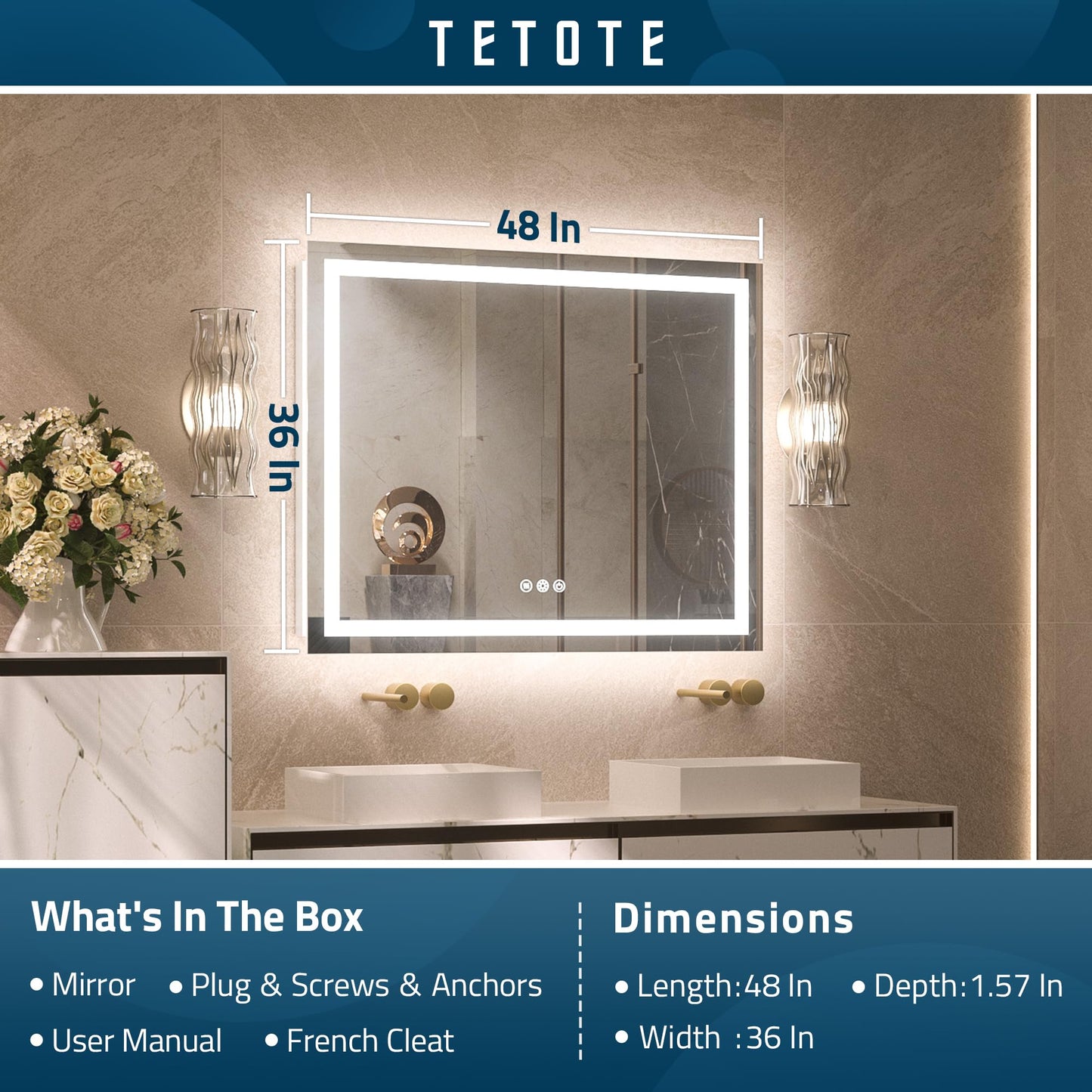 TETOTE LED Bathroom Mirror 48 x 36 Inch with Frontlit & Backlit Lighted Vanity Mirror Anti Fog Stepless Dimmable 3 Colors White/Warm/Natural,CRI90+ Double Lights,Wall-Mounted(Horizontal/Vertical)