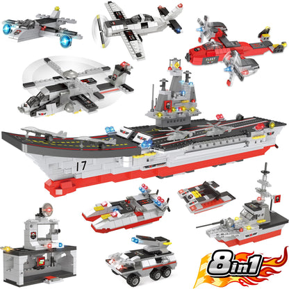 WishaLife 8 in 1 City War Military Aircraft Carrier Toy Building Blocks Set, with Army Truck Toys, Car Toys, boat Toy, Airplane Toy, Helicopter Toy, WW2 Construction Toys Gift for Kids Boys Age 6 Plus