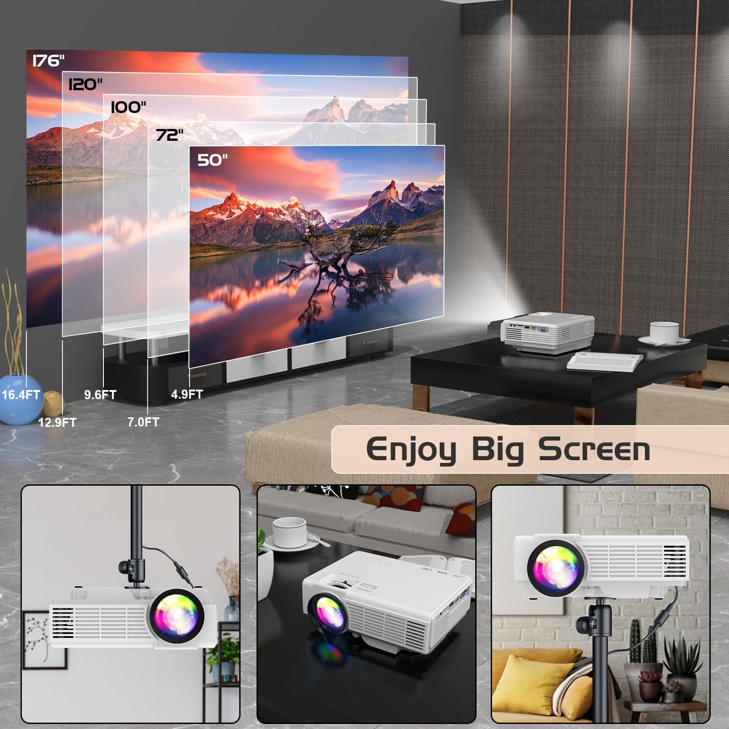 Updated Mini Projector with Bluetooth and Projector Screen, Full HD 1080P Portable Video Projector, Home Theater Movie Projector Compatible with HDMI,USB,AV,Laptop,Smartphone