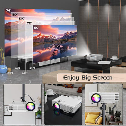Updated Mini Projector with Bluetooth and Projector Screen, Full HD 1080P Portable Video Projector, Home Theater Movie Projector Compatible with HDMI,USB,AV,Laptop,Smartphone