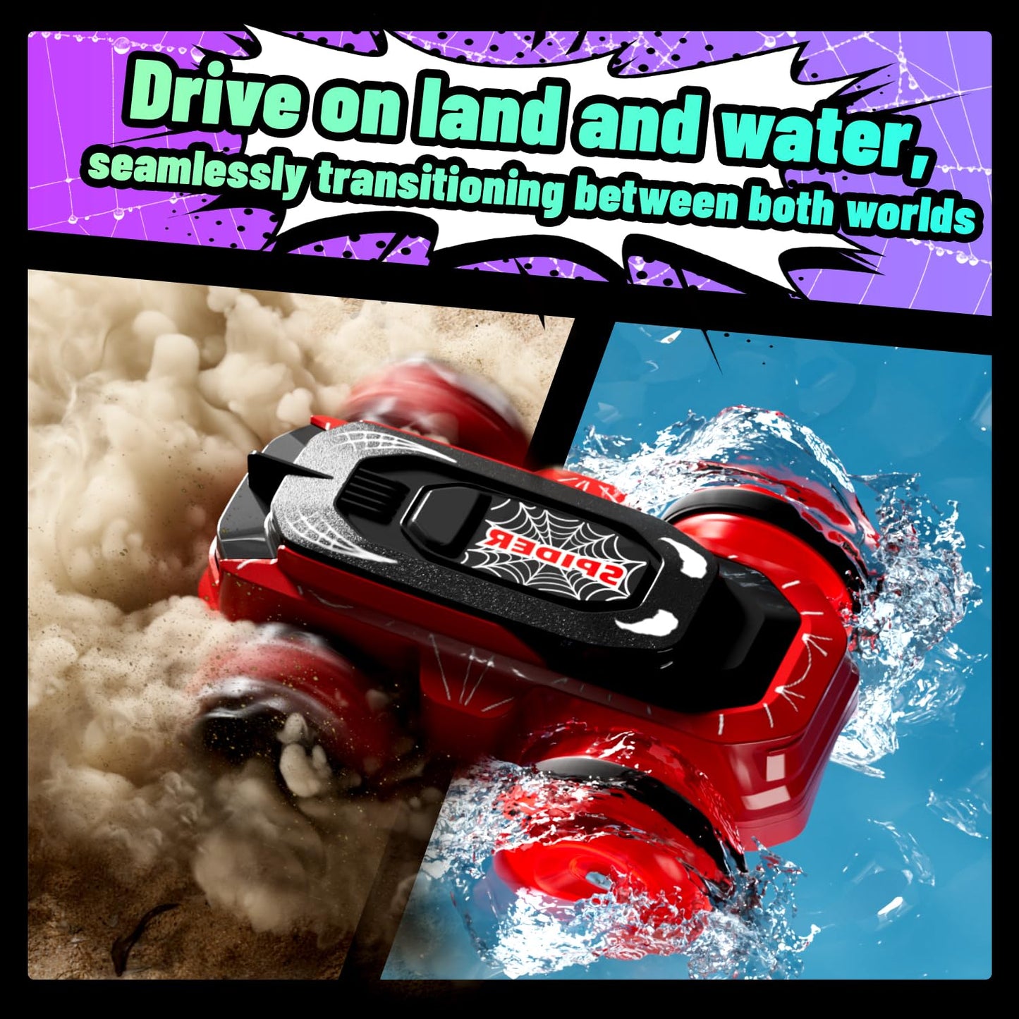 Spider Remote Control Car, Waterproof Mini 4WD Amphibious RC Car Fits Inside Remote, Dual Tires for Land & Water, 360°Spins, 50-Min Runtime W/ 2 Batteries, Boat Toy for Pool Lake Beach, Gift for Kids