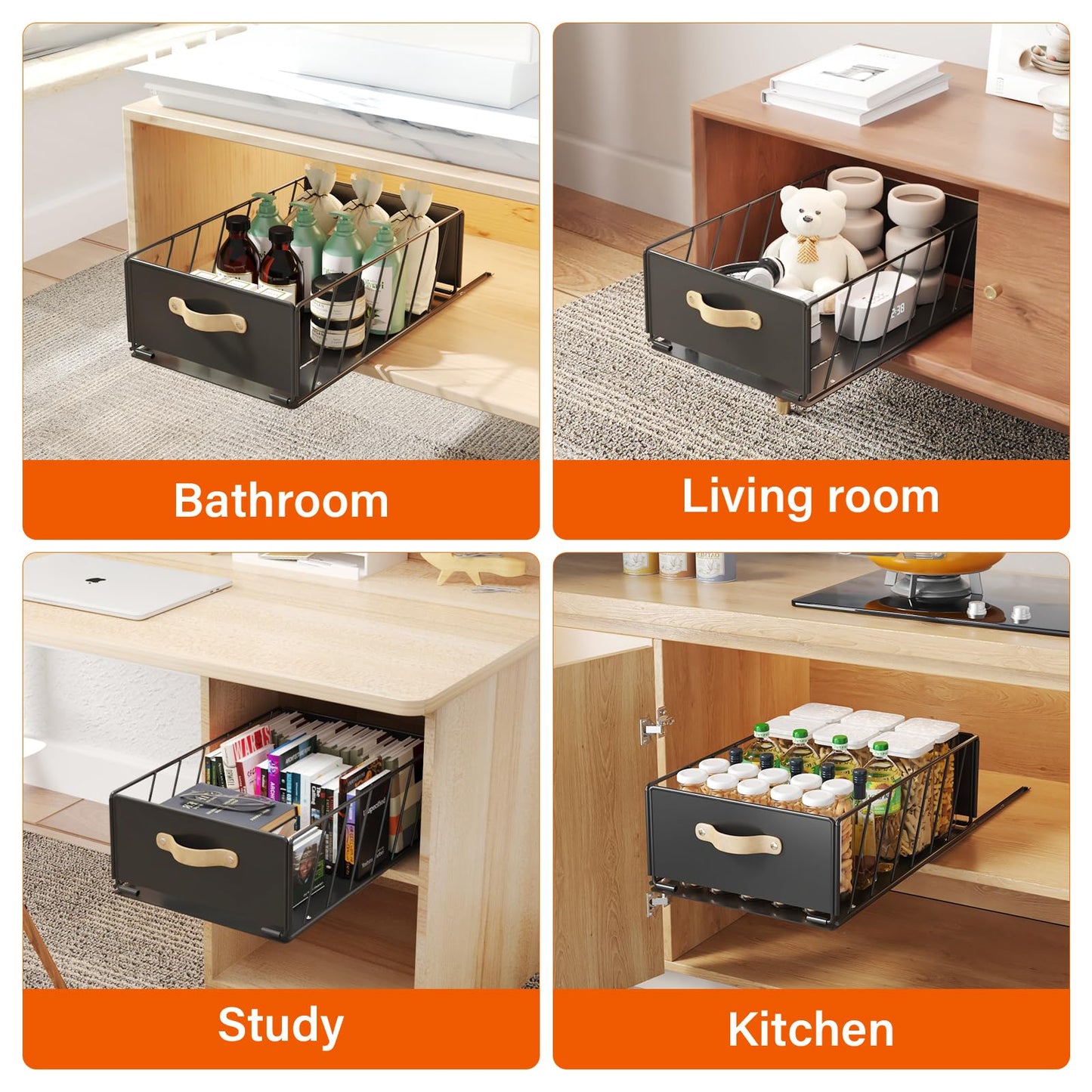 2Pack Pull Out Cabinet Organizer, Slide Out Cabinet Drawers Fixed with Adhesive Film, Cabinet Shelves Storage Organization, Heavy Duty Pantry Shelves Sturdy Drawer Storage for Kitchen Bathroom
