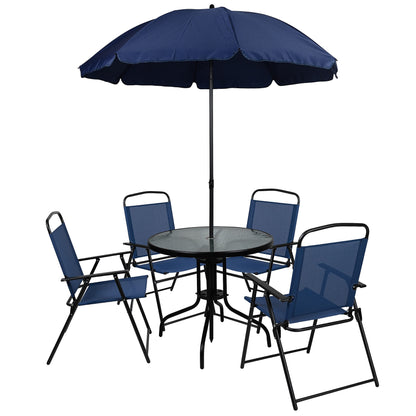 Flash Furniture Nantucket 6-Piece Patio Dining Set with Glass Table, 4 Folding Chairs, and Umbrella, Outdoor Patio Table, Chairs, Umbrella Set, Navy