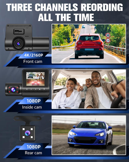 Dash Camera for Cars,4K Full HD Dash Cam Front and Rear Inside, Dashcam with Night Vision with Free 32GB Card,Built-in Loop Recording,Accident Lock,G-Sensor,WDR,24H Parking Monitor - (S6)