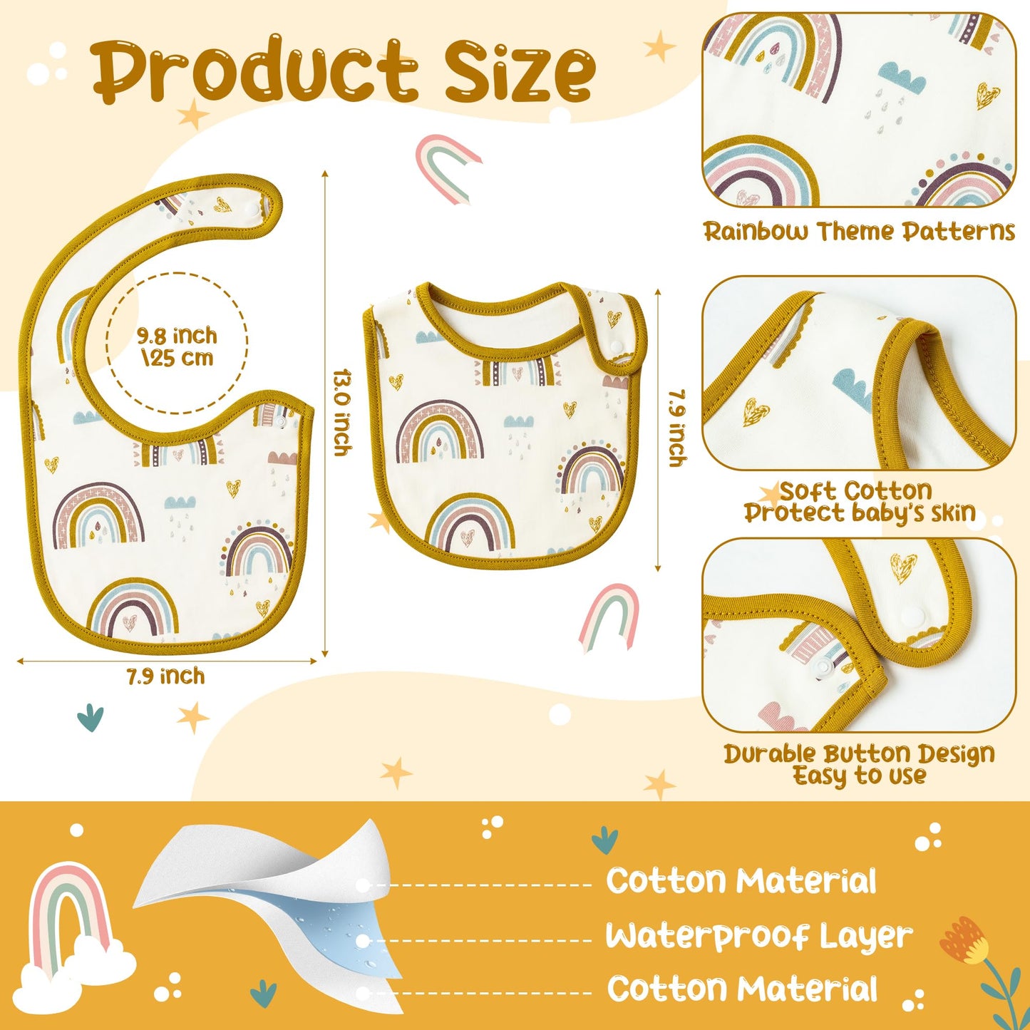 2ooya Cotton Drooling Baby Bib - 3Pcs Unisex Boy Girl Cotton Teething Infant Bibs with Adjustable Buttons Boho Rainbow Toddler Food Bibs Keepsake Baby Gift Photo Props for Baby Shower(6-12 months)