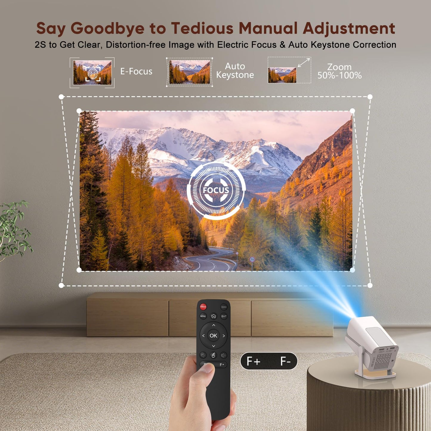 Mini Projector with Bluetooth, Electric Focus Portable Movie Projector with 270° Rotatable, 1080P HD Support, Auto Keystone, Compatible with Smartphone, TV Stick, Laptop, HDMI for Bedroom, Outdoor Use