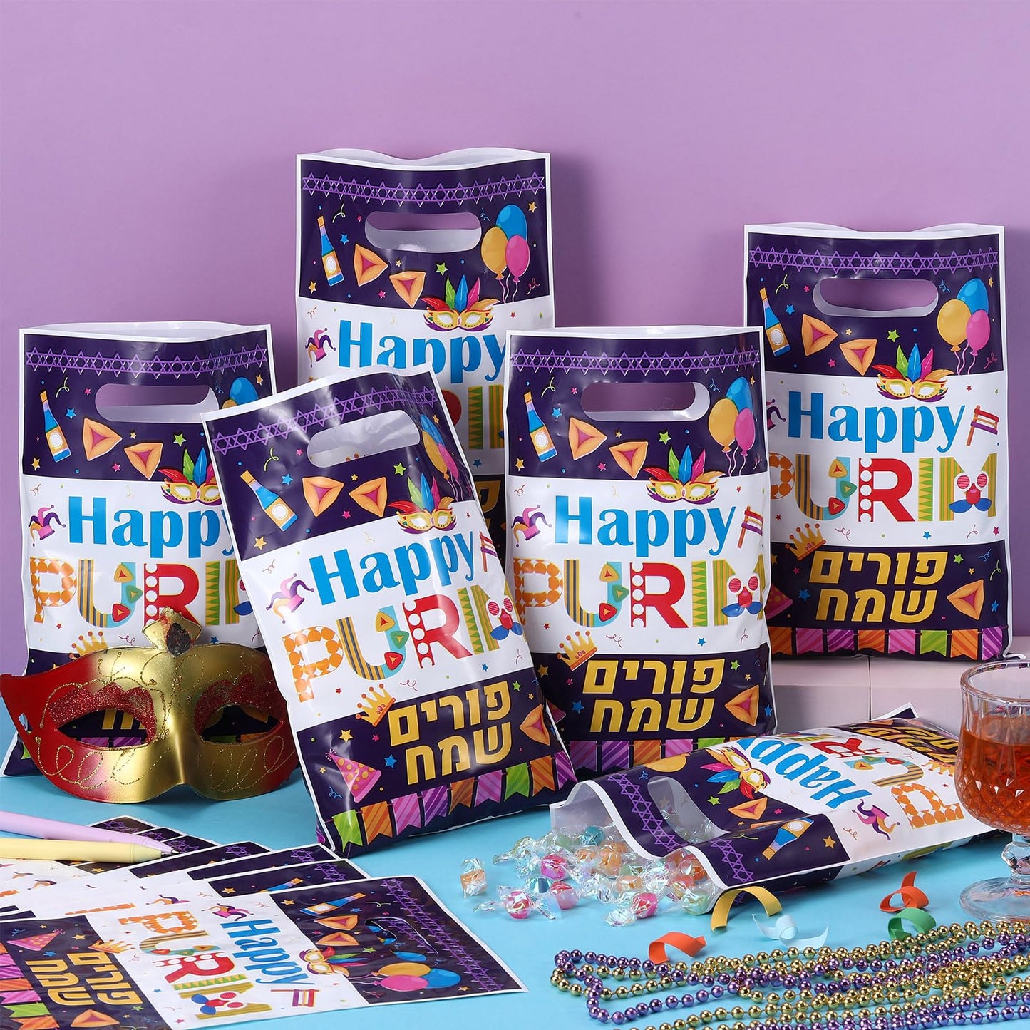 100 Pcs Happy Purim Gift Bags with Handles