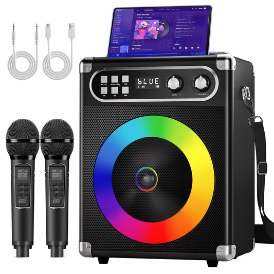 Karaoke Machine, Portable Bluetooth Speaker with 2 Wireless Microphones for Adults Kids with LED Lights, PA System Speaker Supports Echo/USB/TF/AUX Stereo Sound Enhanced Bass for Home Party Birthday