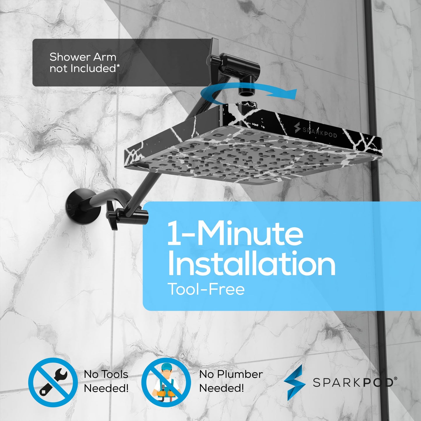 SparkPod Shower Head - High Pressure Rain - Premium Quality Luxury Design - 1-Min Install - Easy Clean Adjustable Replacement for Your Bathroom Shower Heads (8" Square, Black Marble)