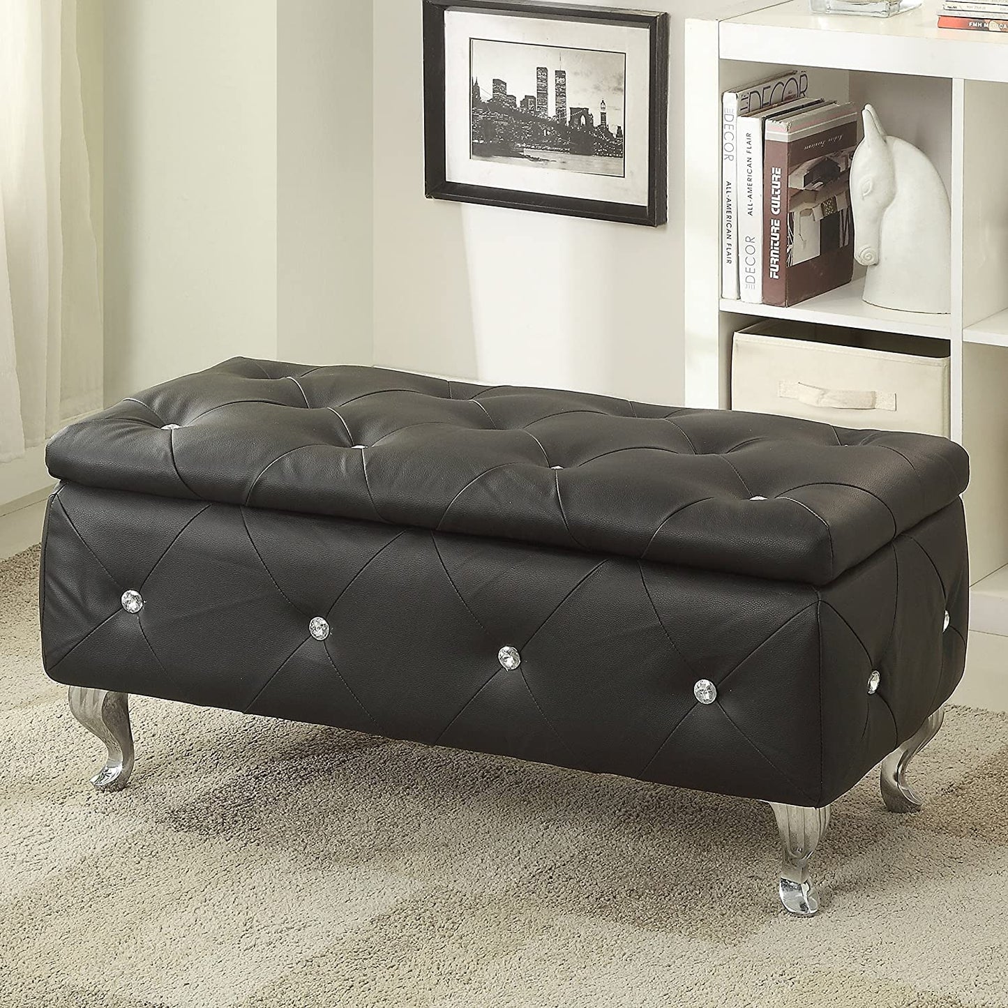 AC Pacific Tufted Faux Leather Storage Ottoman