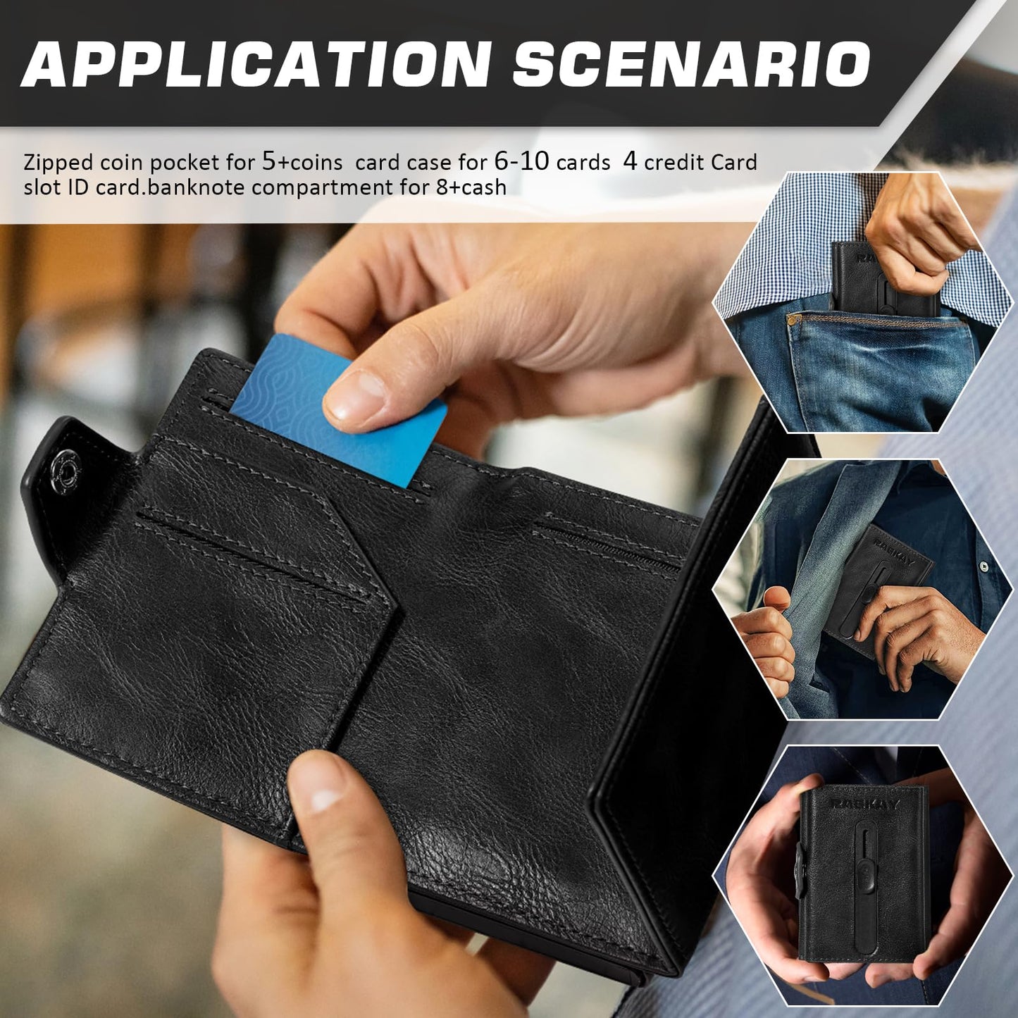 Wallet with Airtag Holder, Pop Up Card Holder and Cash Slot — Leather, Compatible with Apple Air Tag, RFID Blocking, Tri-fold Mens Wallet, Gift for Men (Black)
