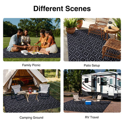 OLANLY Outdoor Rug 6x9 ft Waterproof, Outdoor Plastic Straw Rug with Geometric Pattern Clearance, Reversible RV Mat for Patio, Camping, Balcony, Deck, Backyard, Black & Beige
