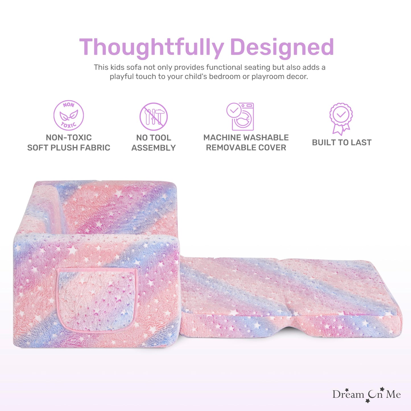 Dream On Me Nestle Kids Sofa in Tie Dye, 2-in-1 Convertible Sofa to Lounger, Low to Floor Design, Machine Washable Fabric Cover