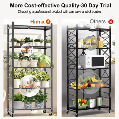 Himix Storage Shelves with 20 Hooks, 5-Tier Foldable Shelves for Storage, Folding Shelf Unit Pantry Shelves Bookshelf with Wheels, Vendor Display Racks for Craft Shows, Home, Office - No Assembly