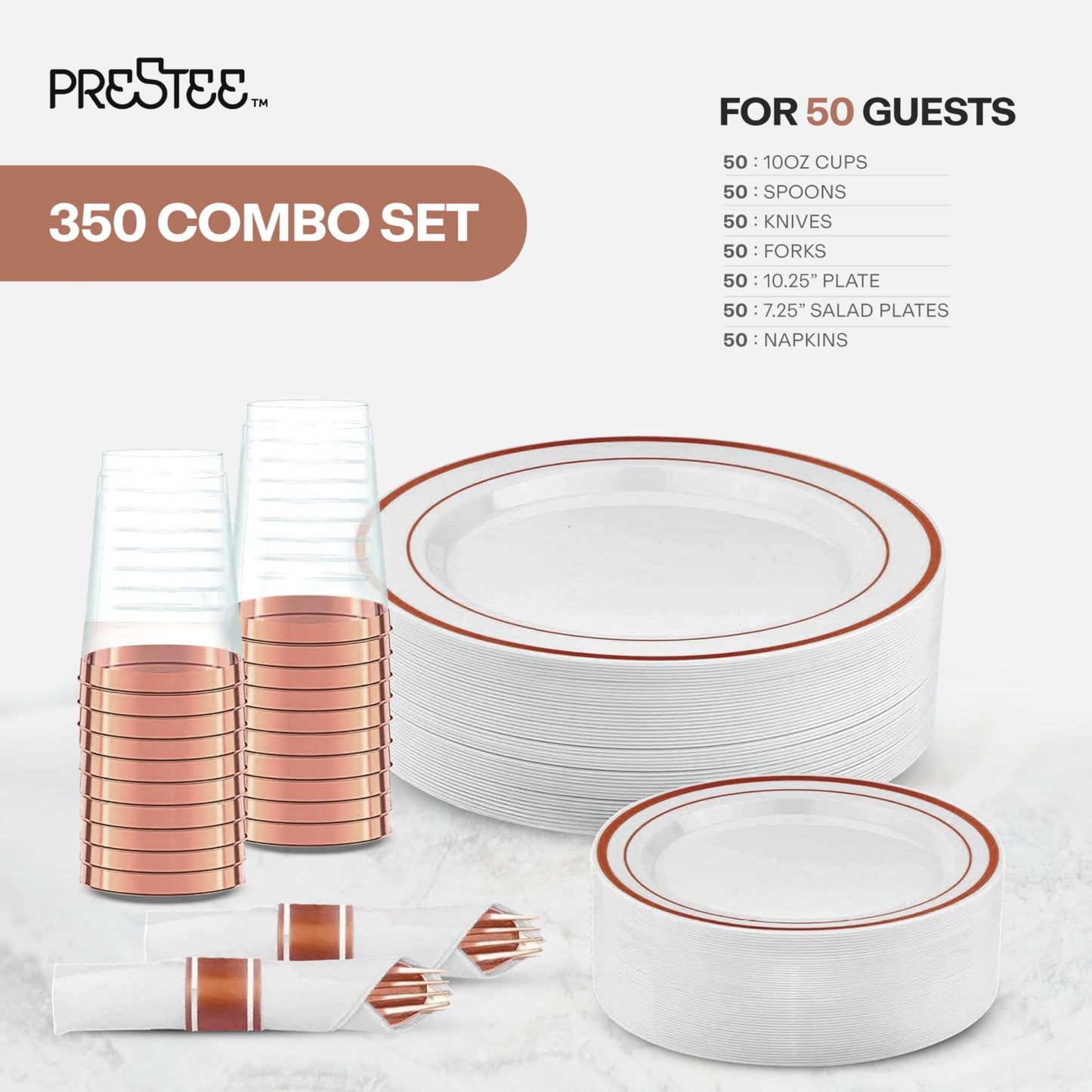 Prestee 350 Pc Disposable Dinnerware Set for 50 Guests - Rose Gold - Reusable Party Supplies Set incl. 50 of Dinner Plates, Salad Plates, Knives, Forks, Spoons and Cups, Wedding Reception Supplies