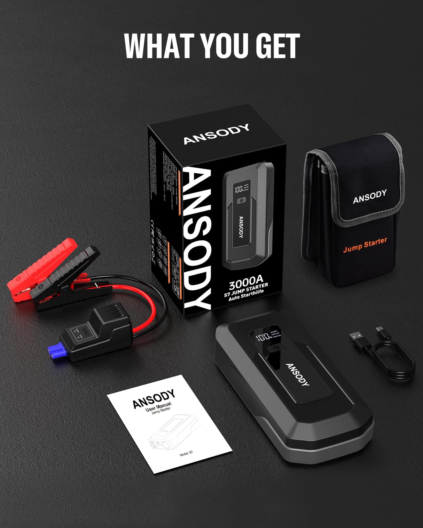 Ansody S7 Car Battery Jump Starter(Up to 10L Gas or 8L Diesel Engine), 3000A Jump Starter Battery Pack with Jump Leads, LED Flashlight, Jump Box for 12V Vehicles Pickup SUV Motorcycle